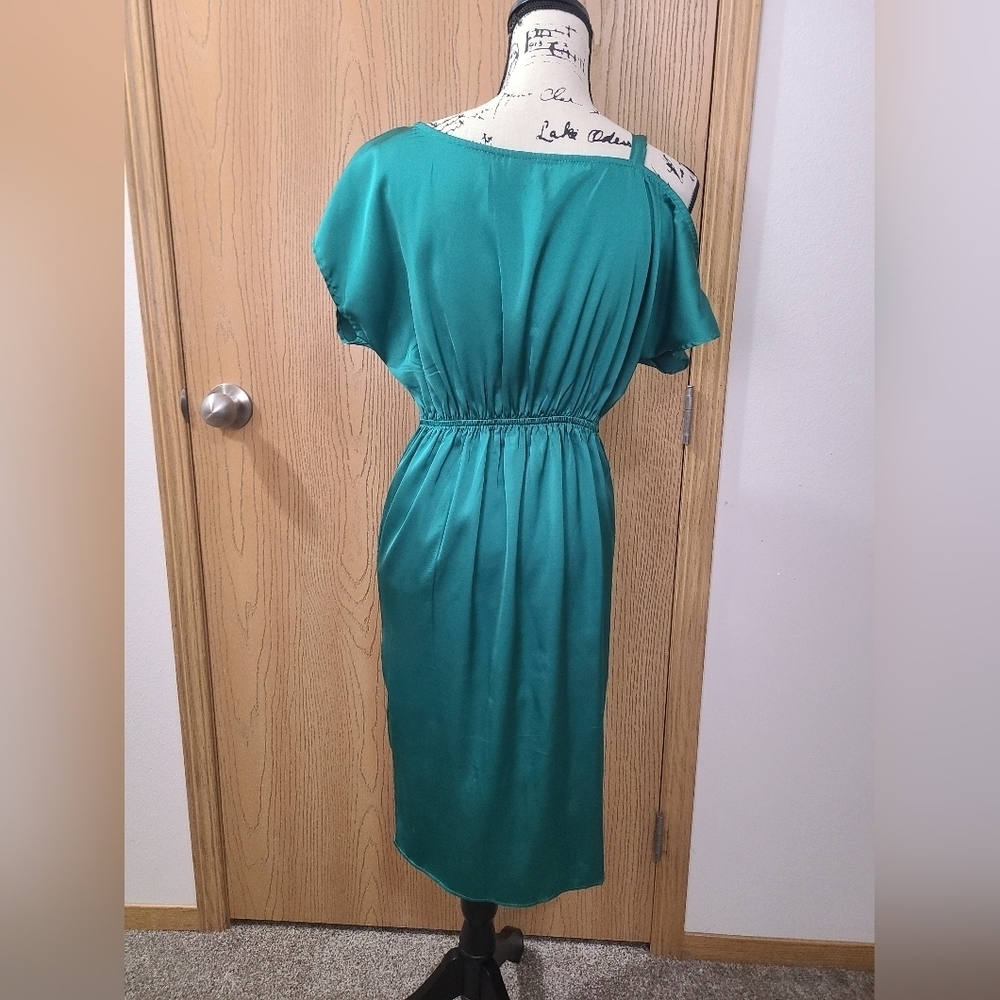 Teal Green Satin One Shoulder Chain Strap Ruched Knot Front Satin Dress - Picture 2 of 5